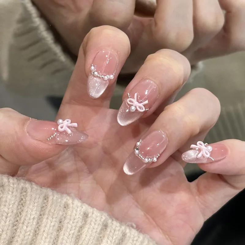 24 puntas de uñas postizas de presión, degradado rosa, cobertura completa, con lazo blanco y brillantina, almendra, patrón de cuadrícula, usables 3