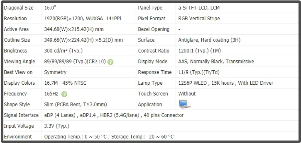 N160JME-GEK Pantalla LCD de 16 pulgadas para computadora portátil Panel IPS de 40 pines FHD 1920x1200 sin contacto