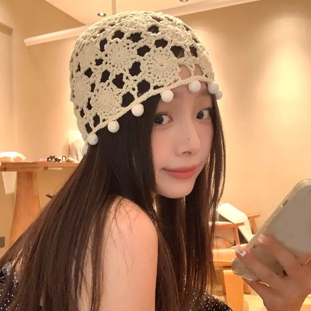 

Fashion Sweet Crochet Hollow Knitted Hat Beads Tassels Bohemian Style Knit Beanies Thin Flower Weave Cap Outdoor
