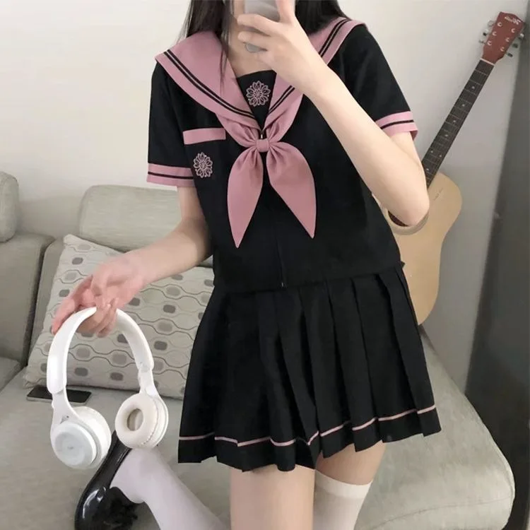 Summer JK Korean Uniform Sailor Cosplay Top+Short Skirt Black Set Japanese Middle School Uniform College Style Class Uniform