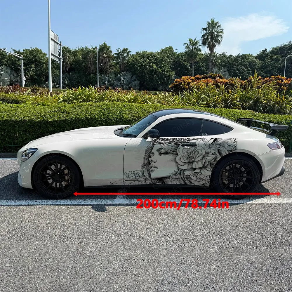 Scroll Vine Rose Portrait Car Side Wraps, Self-Adhesive PVC Waterproof & Scratch-Resistant Stickers, Car Accessory Gift