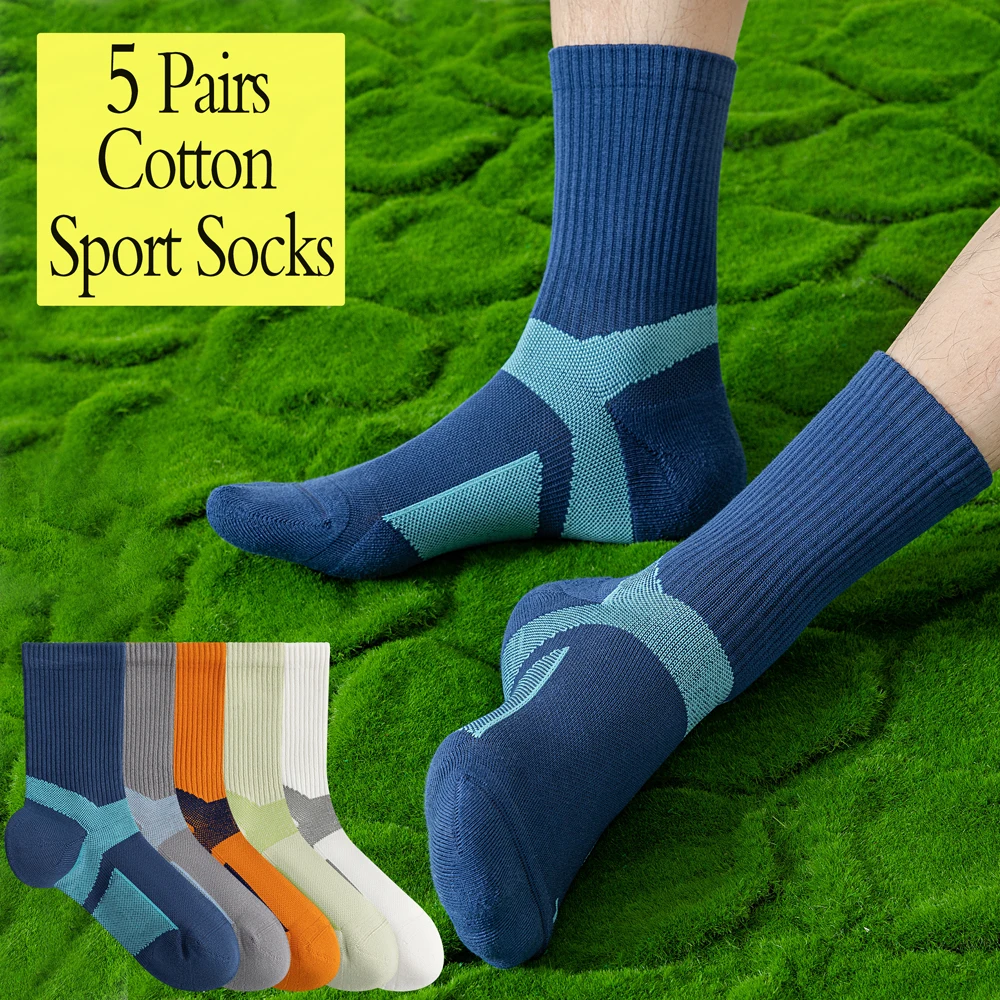 

5 Pairs Professional Marathon Socks Anti-Odor Running Socks for Men Breathable Long Crew Shock Absorption Solve Sweaty Feet