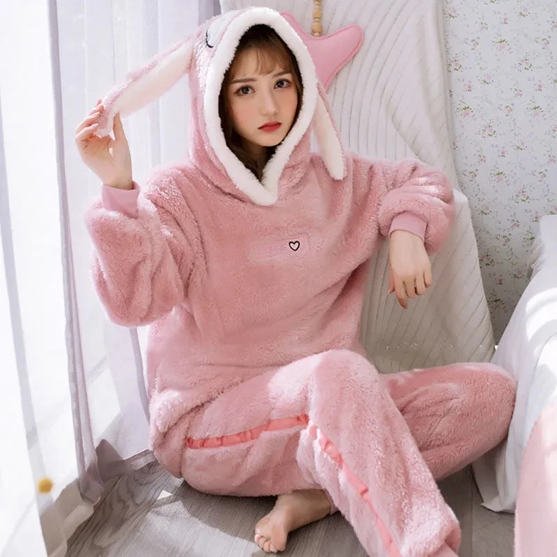 Winter Kawaiii Women\'s Pajamas Set Pyjamas Sets Thick Sleepwear Flannel Coral Velvet Long Sleeve Loungewear Pijama Mujer