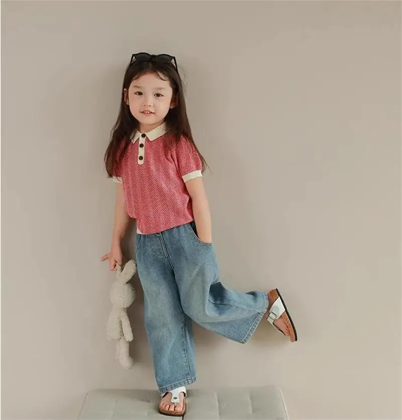 Girl Clothes Kids Clothing Summer Baggy Multi-pocket Elastic-waisted Jeans Wide-leg Pants Girls Pants For 3-7 Years