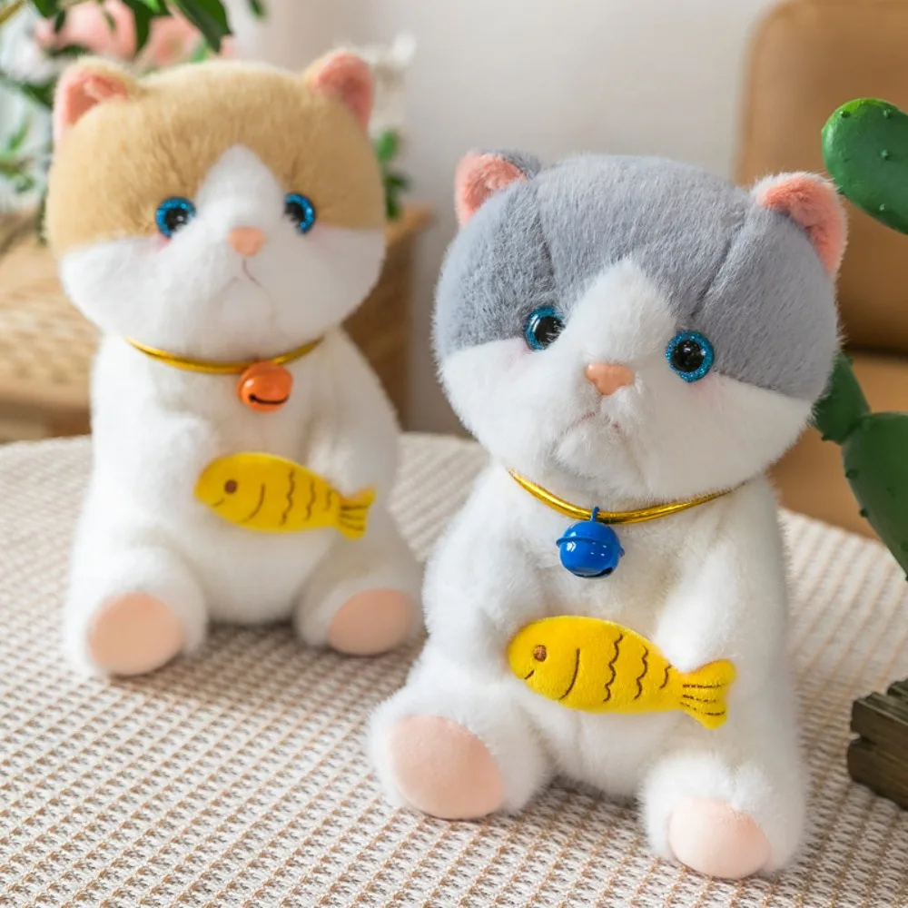 

Bell Collar Eating Fish Cat Plush Toy Cartoon Cute Little Cat Plush Doll Soft Stuffed Little Cat Plush Toy Christmas Gift