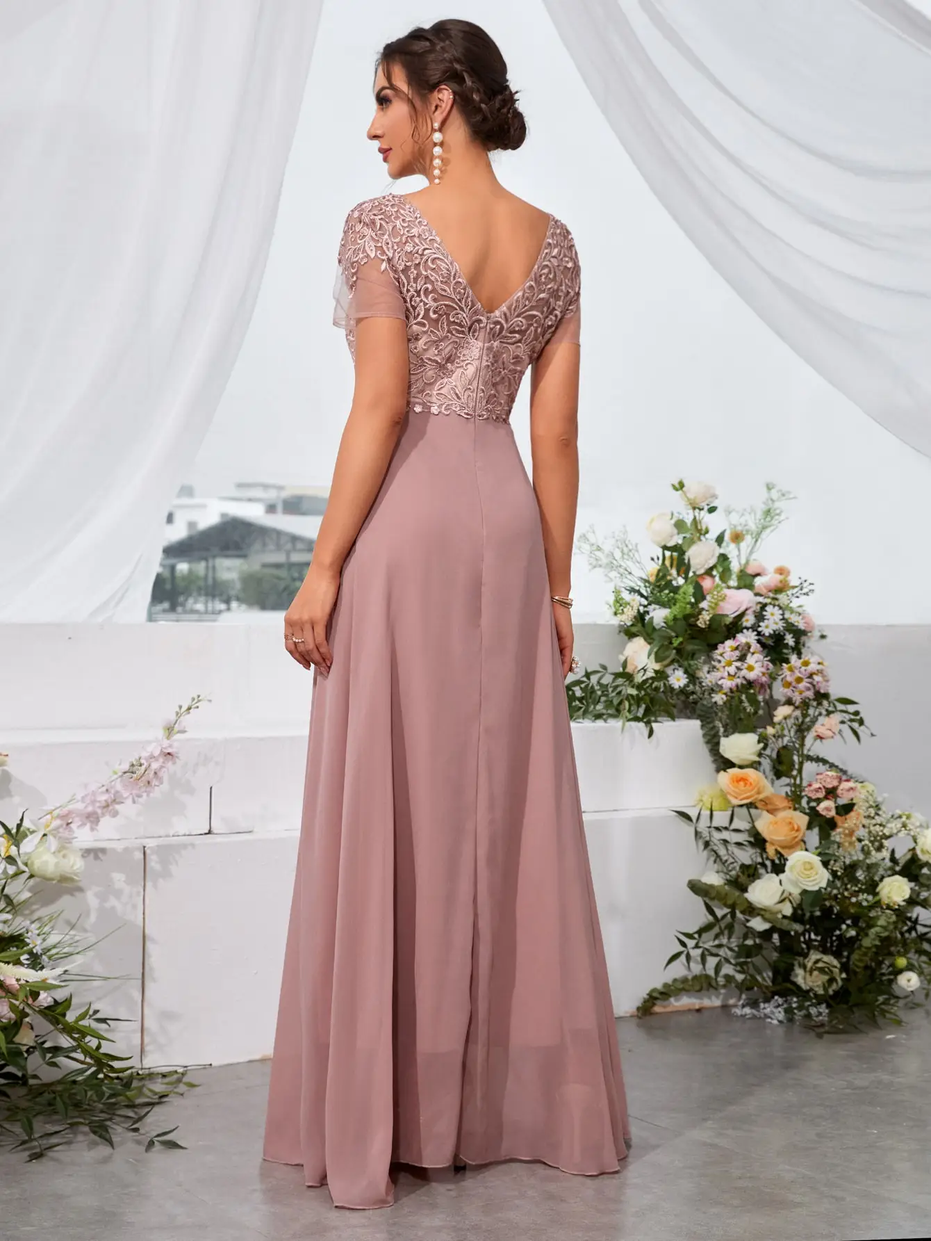 Unithorse Floral Embroidery Chiffon Bridesmaid Dress