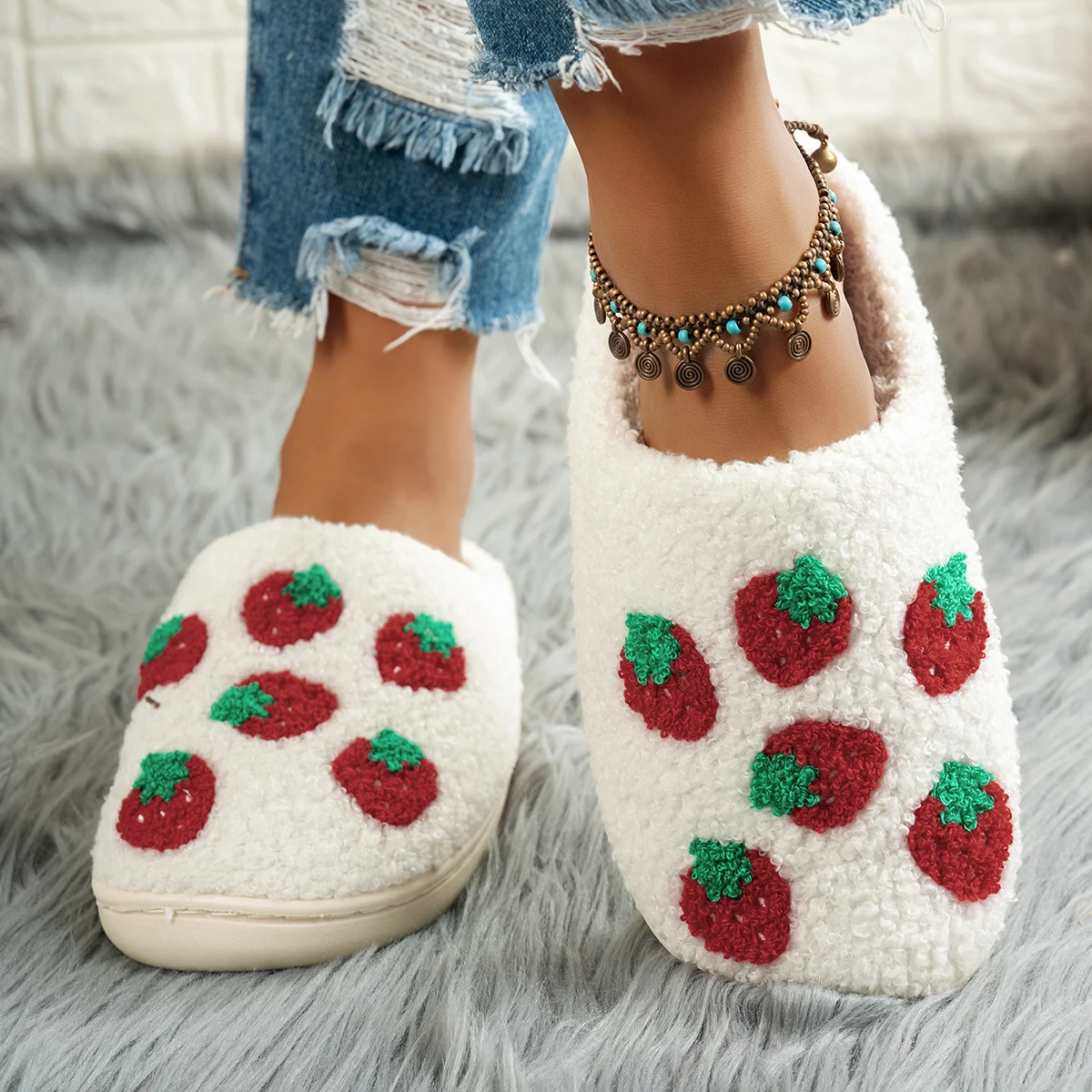 Cartoon Fruit Pattern Women's Strawberry Bedroom Slippers Winter Cute Casual Indoor Warm Comfy Home Soft Sole Girl Plush Shoes