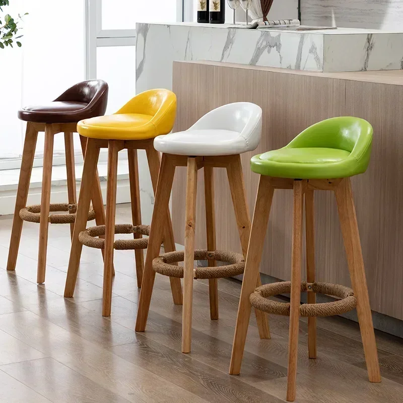 73cm Nordic Bar Chair Solid Wood High Foot Restaurant Seat Rotating Design Counter Stool Stable Load-bearing Kitchen Furniture