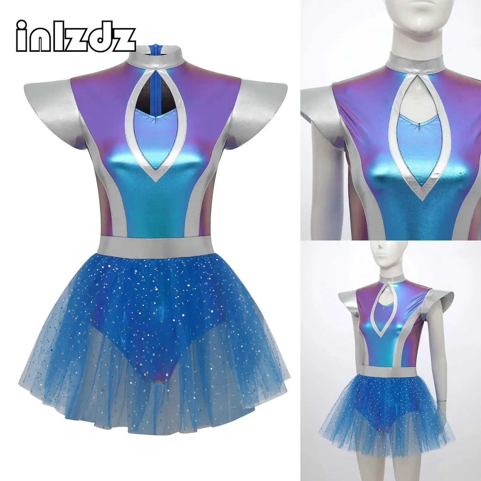 

Women Fancy Alien Cosplay Dress Front Hollow Out Metallic Shiny Tulle Hem Built-in Briefs Dress for Halloween Space Themed Party