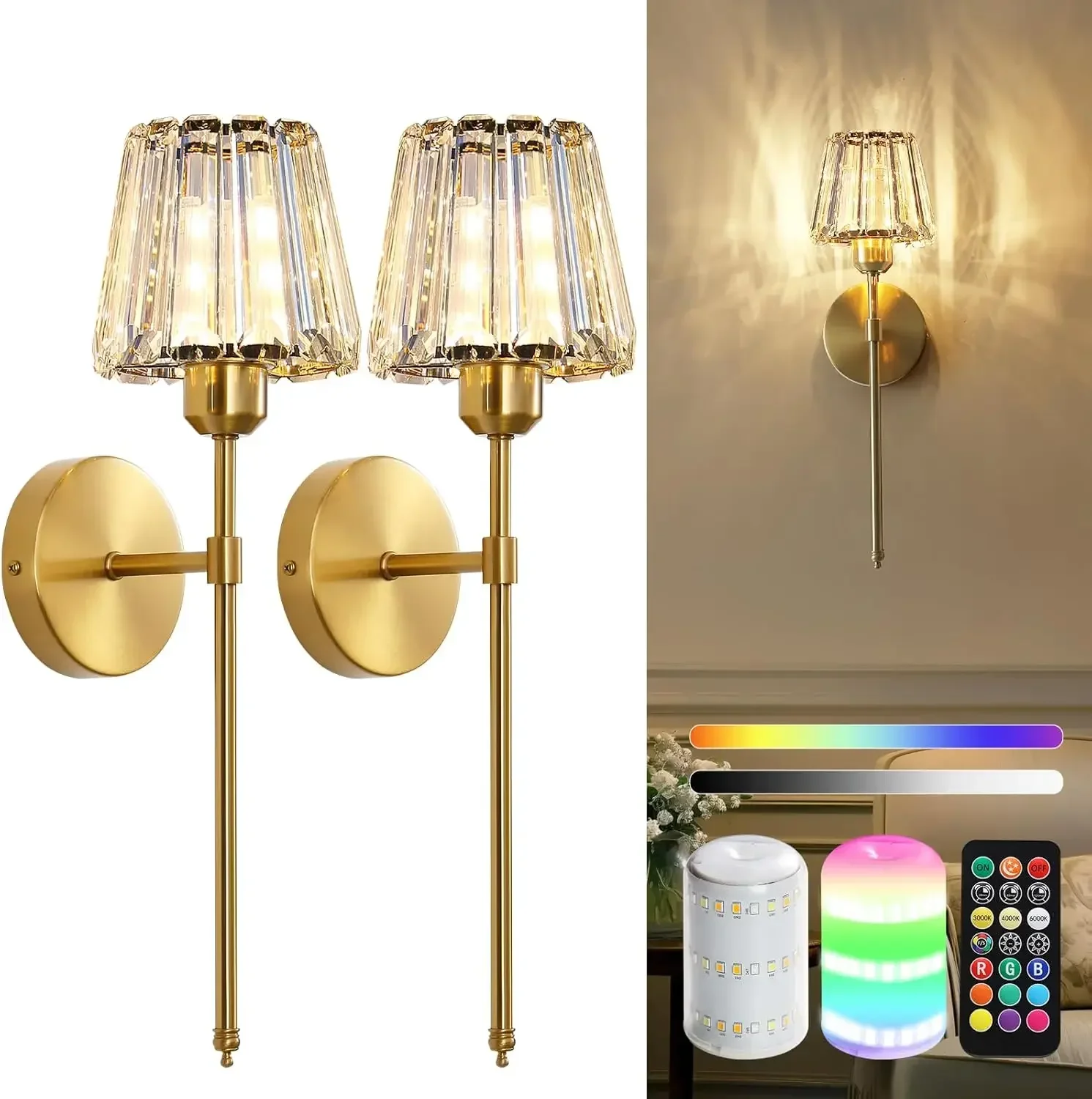 

Battery Operated Crystal Wall Sconce Set of 2, Gold Rechargeable Wireless Wall Sconces with Remote Dimmable 12 Colors Modes Led