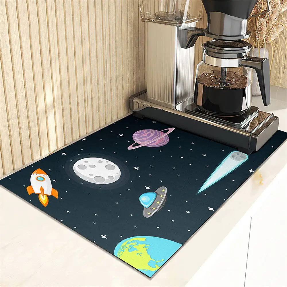 Cartoon Rocket Dish Drying Mat Super Absorbent Kitchen Counter Drain Pad Tableware Cup Bottle Sink Waterproof Non-slip Mats