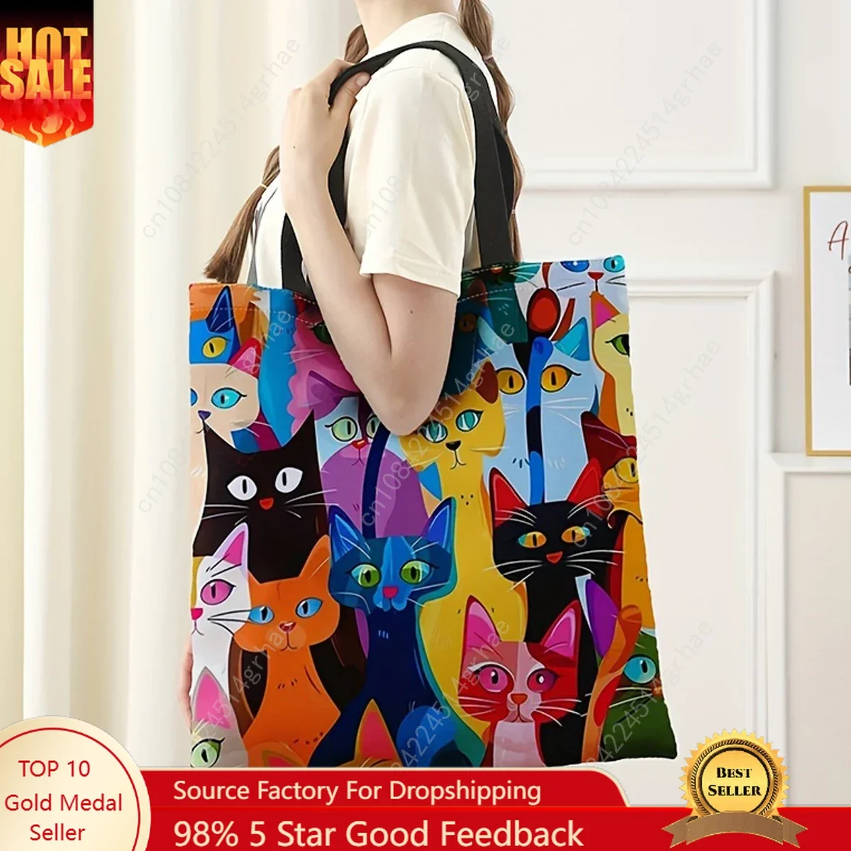 Colorful Kitten Printed Casual Handbag, Reusable Fashionable Backpack, Multifunctional Handbag, Printed Shopping Bag 40x40cm