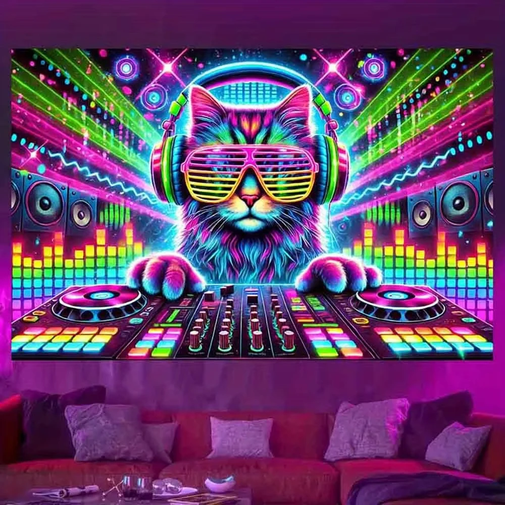 VIKAMA Cyberpunk Katze Dj Wandteppich Gaming Zimmer Musik Ecke Wanddekoration Schlafzimmer Wohnzimmer Wanddekoration Wandteppich