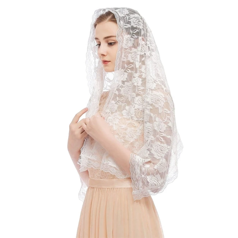 Woman Veil Lace Trim Sheer Shawl for Wedding Church Mantilla Breathable Shawl Veil Wedding Mantilla