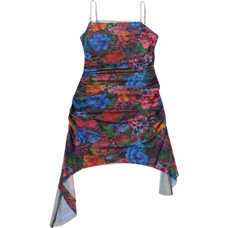 Kliou Mini-jurk met bloemenprint Dames Strassketting Lage hals Rugloze onregelmatige zoom Midnight Club Party Sexy Fashion Bodycon