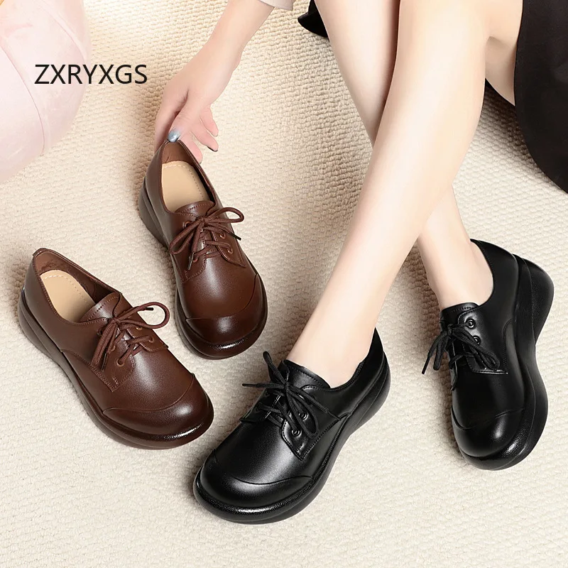 

ZXRYXGS 2026 British Style Soft Cowhide Thick Sole Wedges Shoes Women Middle Heel Shoes Large Size Genuine Leather Trendy Shoes