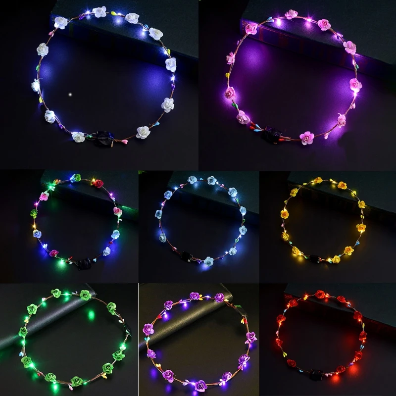 634C Women Girls LED Light Up Flower Headband Flashing Glowing Masquerade Party Hair Wreath Hairband Luminous Garlands