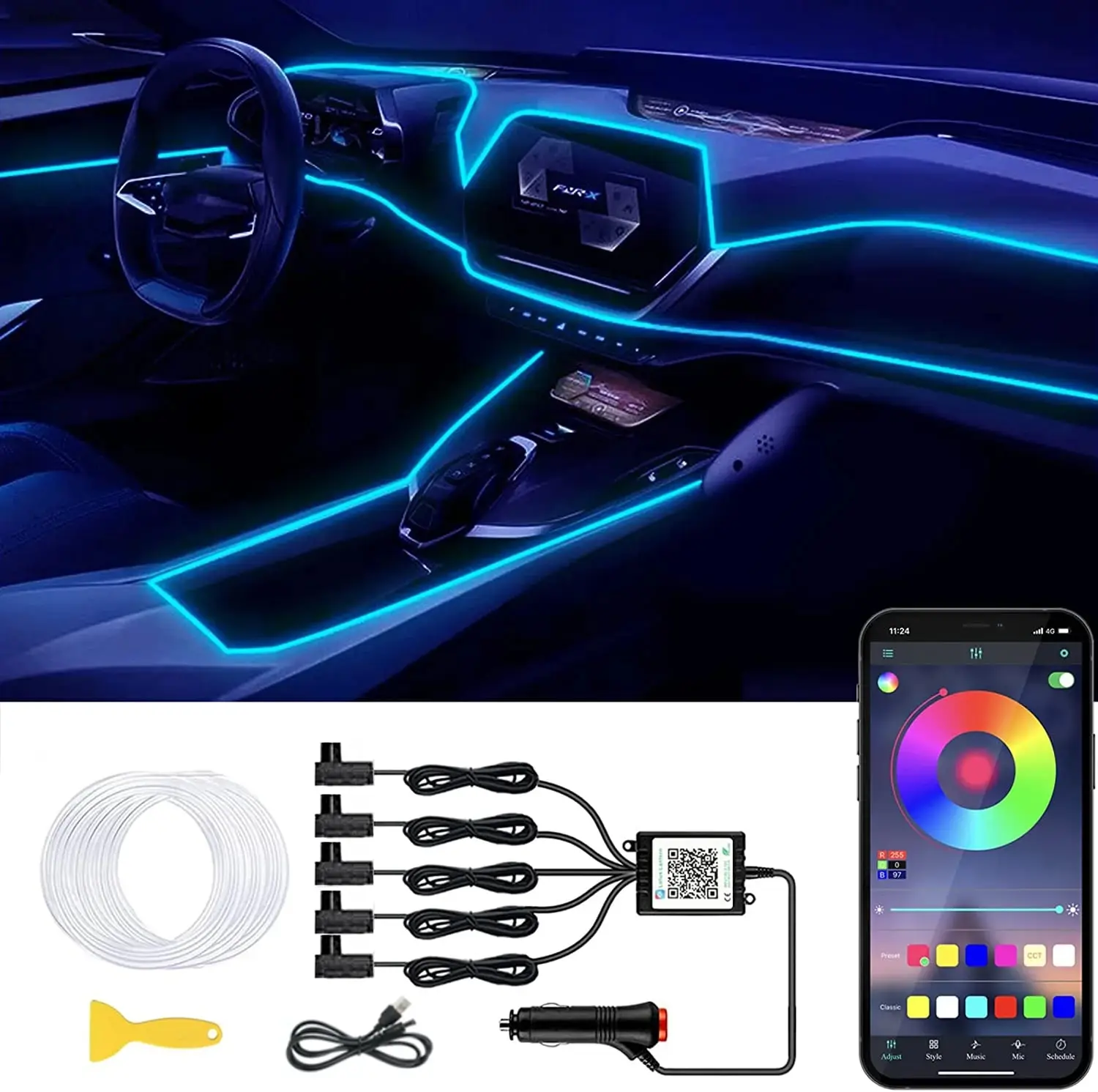 Neonowe samochodowe oświetlenie wewnętrzne LED RGB Ambient Light Zestaw światłowodowy z bezprzewodowym sterowaniem APP LED Auto Atmosphere Lampa