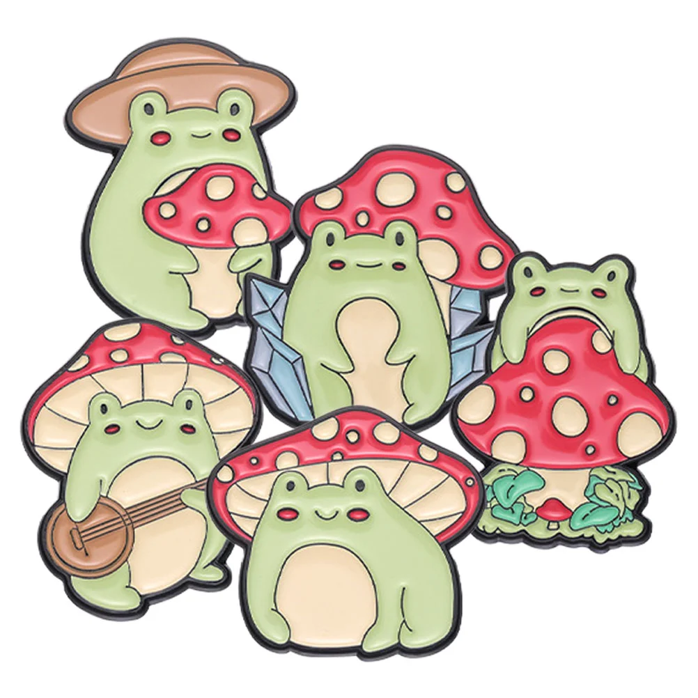 5 Pcs Frog Mushroom Brooch Cute Enamel Pins Gifts for Women Backpacks Zinc Alloy