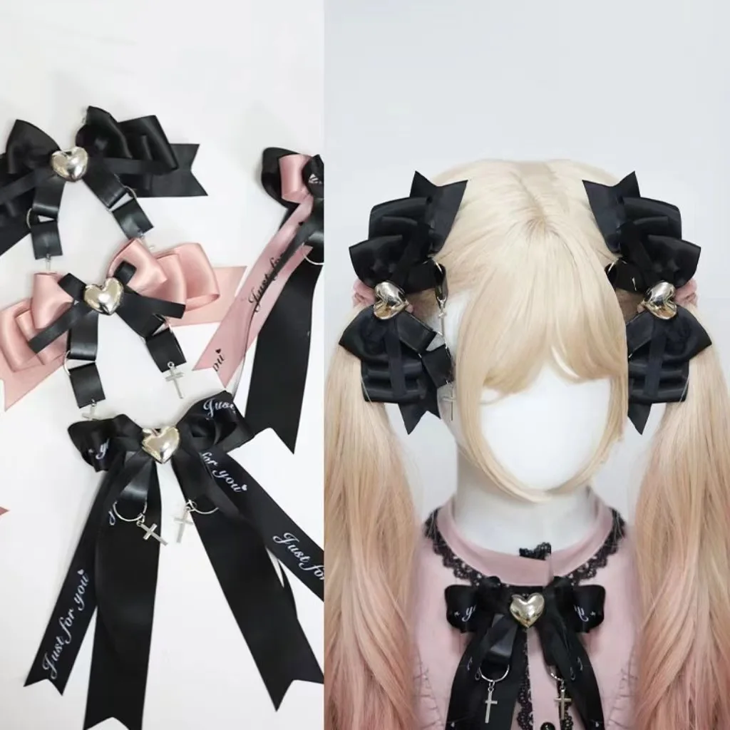 

Bow hairpin girl Japanese handmade sweet cool love cross black pink lolita hairpin