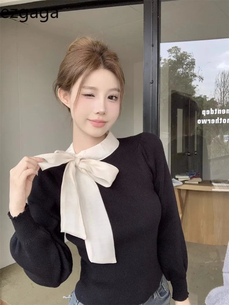 Ezgaga Elegant Knitted Tops Women Bow Bandage Basic Autumn Fashion Slim French Style Chic Office Lady Sweater Pullover