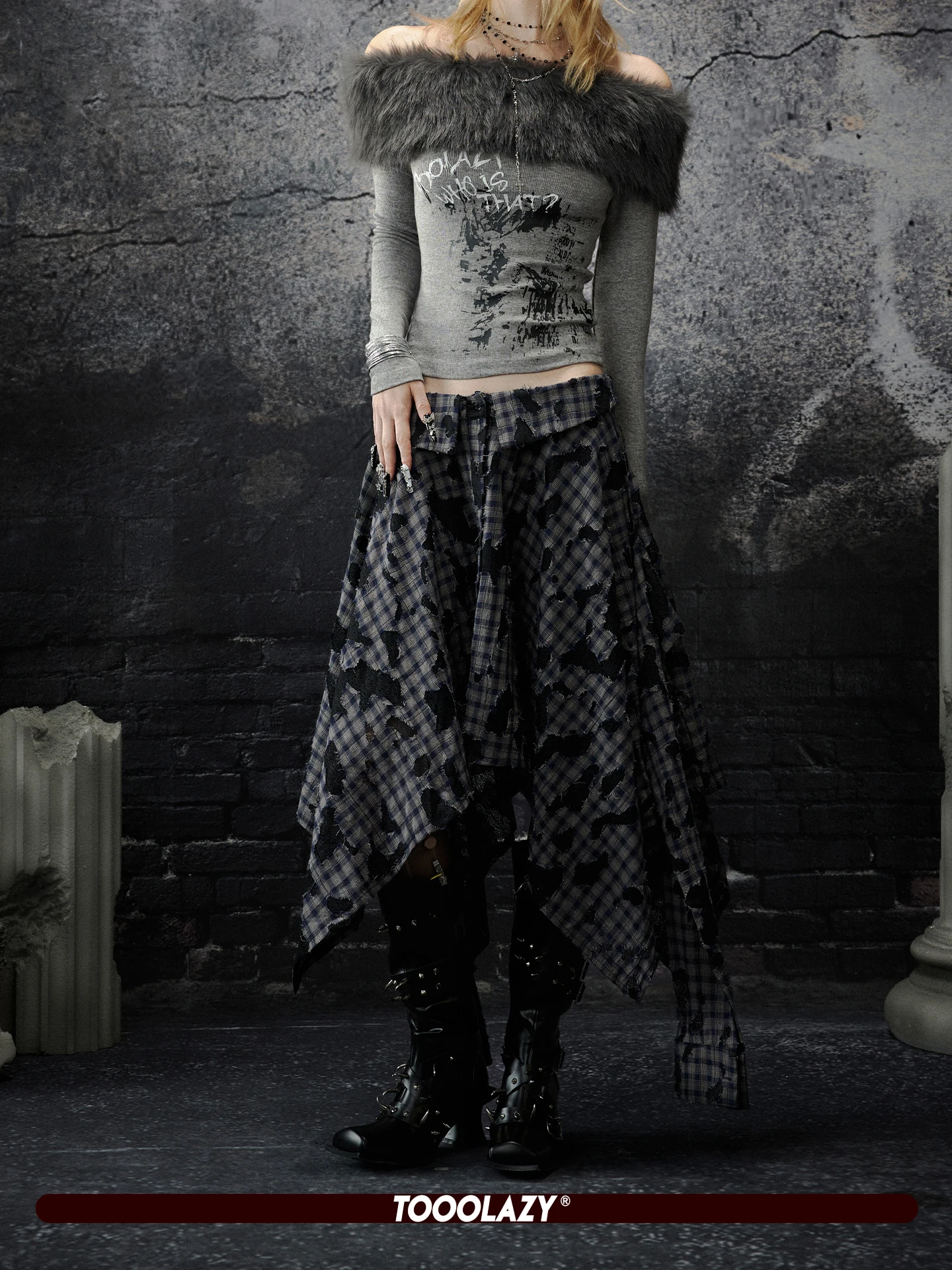 

TOOOLAZY Винтажная синяя джинсовая юбка в клетку с пэчворком, асимметричным подолом и нестандартным дизайном, повседневная хлопковая юбка для ранней осени