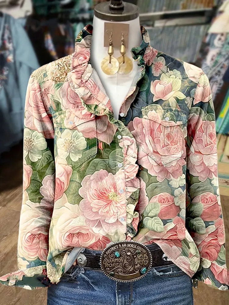 Nuovo elegante stampa floreale tasca frontale bottone risvolto camicia taglie forti articoli moda spiaggia top a maniche lunghe camicetta abbigliamento unisex