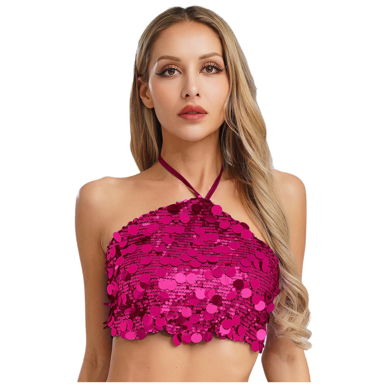 

Women Halter Neck Open Back Camisole Rave Club Party Vest Sexy Sleeveless Sequins Cropped Tank Top Shimmer Cocktail Cami Top