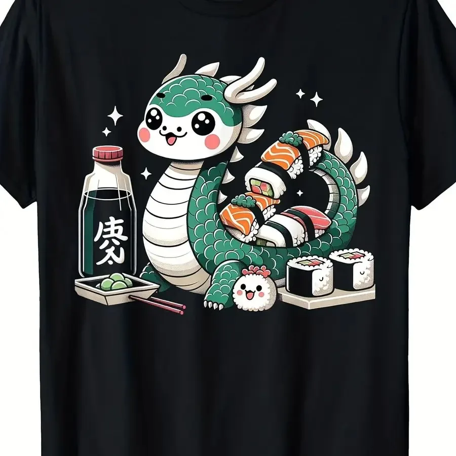 Camiseta Kawaii con Diseño de Dragón Comiendo Sushi y Alga Nori, Estilo Anime Japonés, Unisex, Cuello Redondo, Casual para Adultos