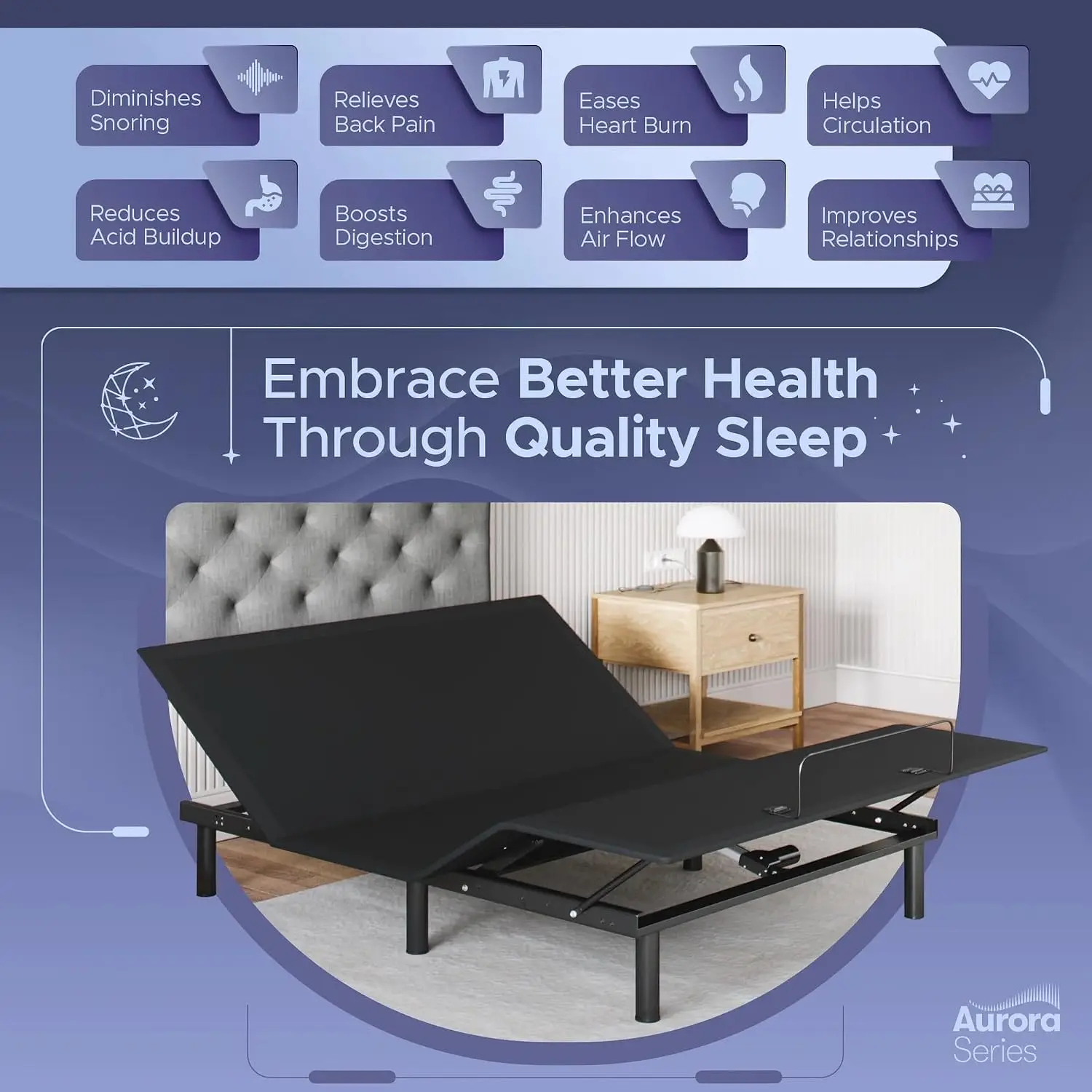 Adjustable Bed Base, Head & Foot Lift, Zero Gravity, Memory Positions, Easy Assembly, Queen, Customized