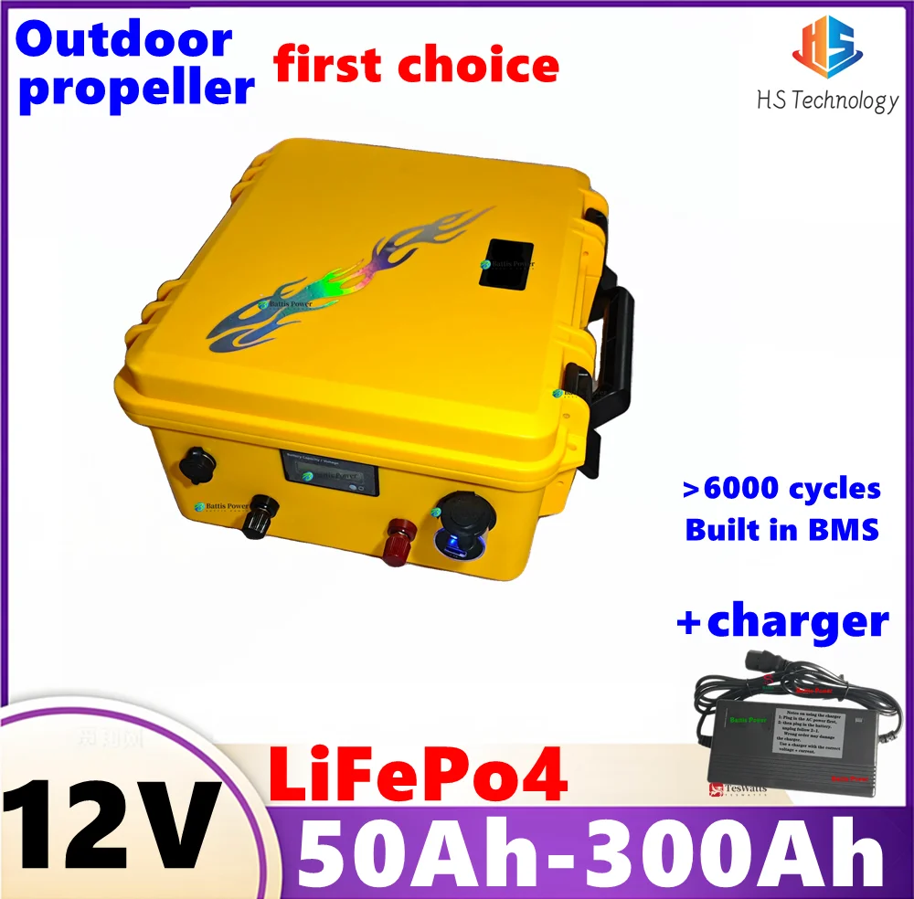 

12V LiFePO4 50Ah 80AH 100AH 150Ah 200AH 250Ah 300Ah Battery for Outdoor Camping RV,propeller boat,trolling motor engine+Charger