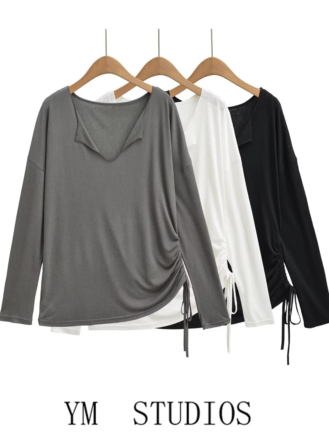 Women's Loose Fit Long Sleeve V-Neck T-Shirt Gym Sport Shirt Casual Style Drawstring High Waist Cotton Polyester Blend