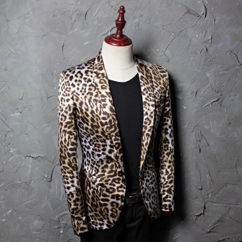 Autumn And Winter Fashion Blazer Coat Men Leopard Dress Jacket Slim Small Suit Korean Trend Leisure Flower Suit Singer Costumes