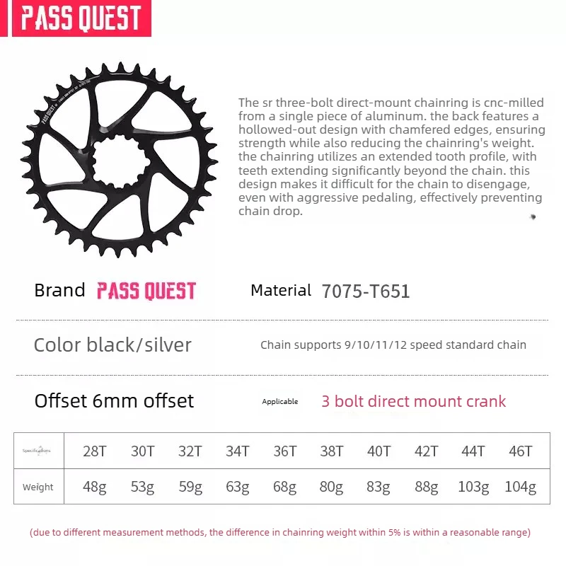 PASS QUEST Direct Mount Kettenblatt 6 mm versetzt für SRAM X0 SX NX XX1 XX X1 Eagle BOOST 3 Bolzen Narrow Wide Teeth MTB Kettenblatt – Detail 2