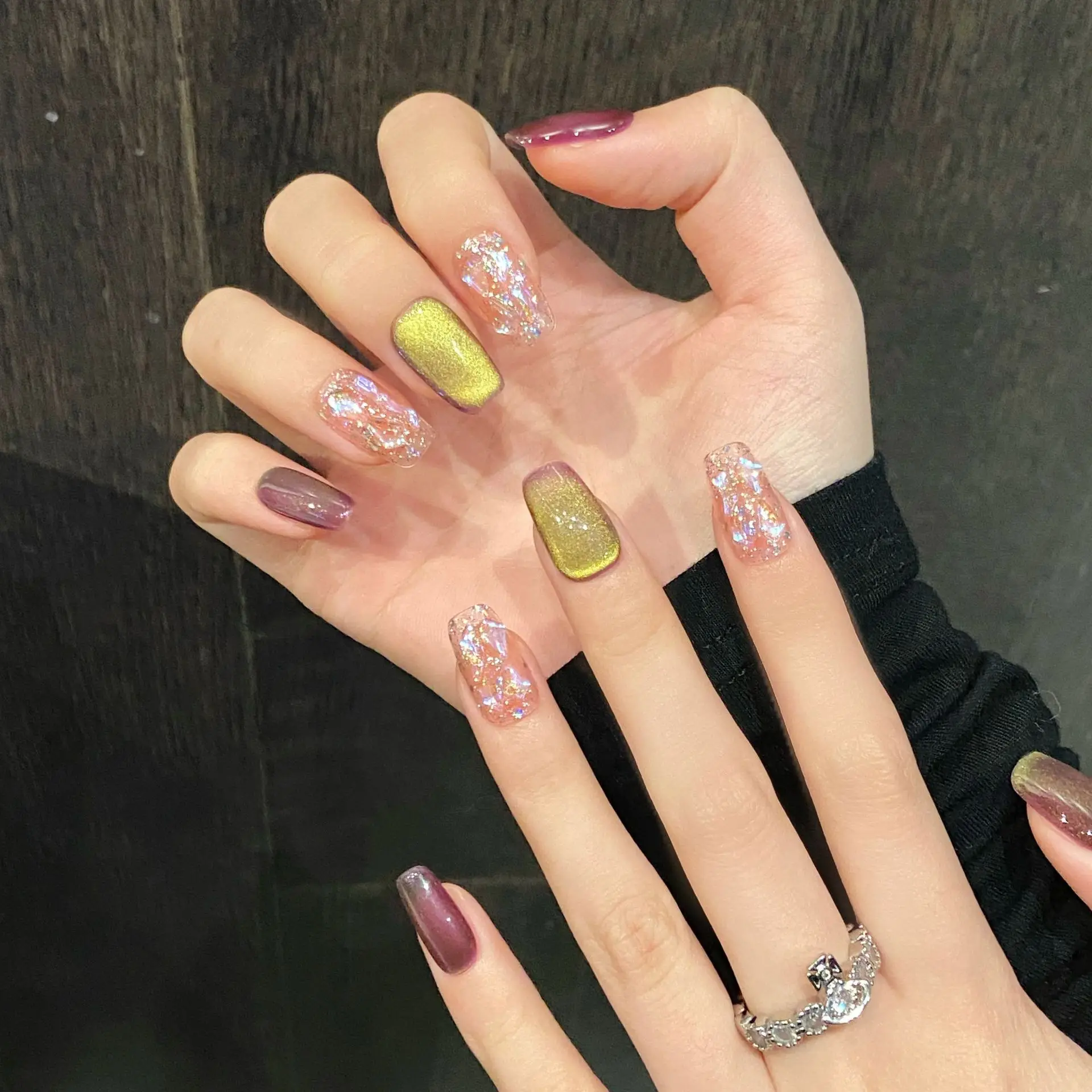 10 stuks handgemaakte korte druk op nagels glanzende twee kleuren cat eye glitter pailletten strass ontwerp nepnagels draagbare nepnagels tip