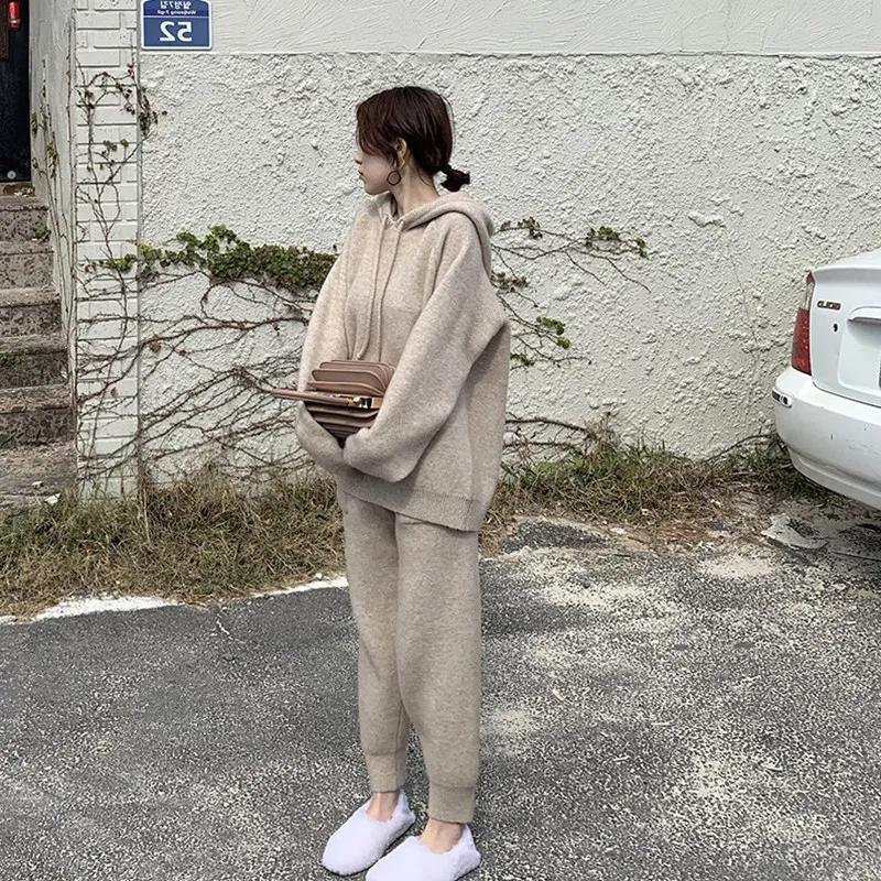 

2024 New Casual Loose Knitting Two Piece Set Women Long Sleeve Hooded Pullover Elastic Waist Warm Sweater Suit Pants T741