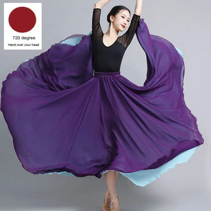 Damska dwustronna spódnica szyfonowa z dużym zamachem, spódnica do tańca klasycznego 540/720 stopni, kostium do tańca brzucha, spódnice maxi na występy sceniczne