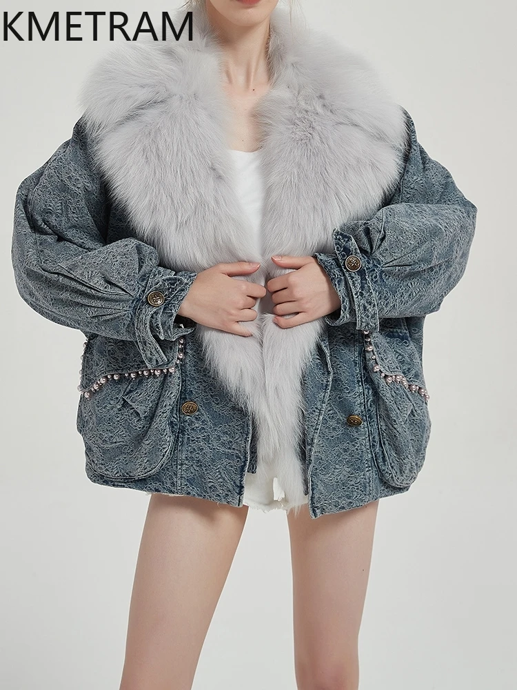 سترة KMETRAM 100% من فراء أرنب ريكس الطبيعي ببطانة داخلية للسيدات بياقة ثعلب جديدة في ملابس خارجية معطف فرو ريفا 2025 ملابس شتوية