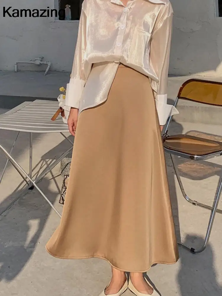 2024 New Fashion A-Line Skirt Office Lady Elegant Quality Solid High Waist Long Skirt Spring Summer Causal Lower Garment