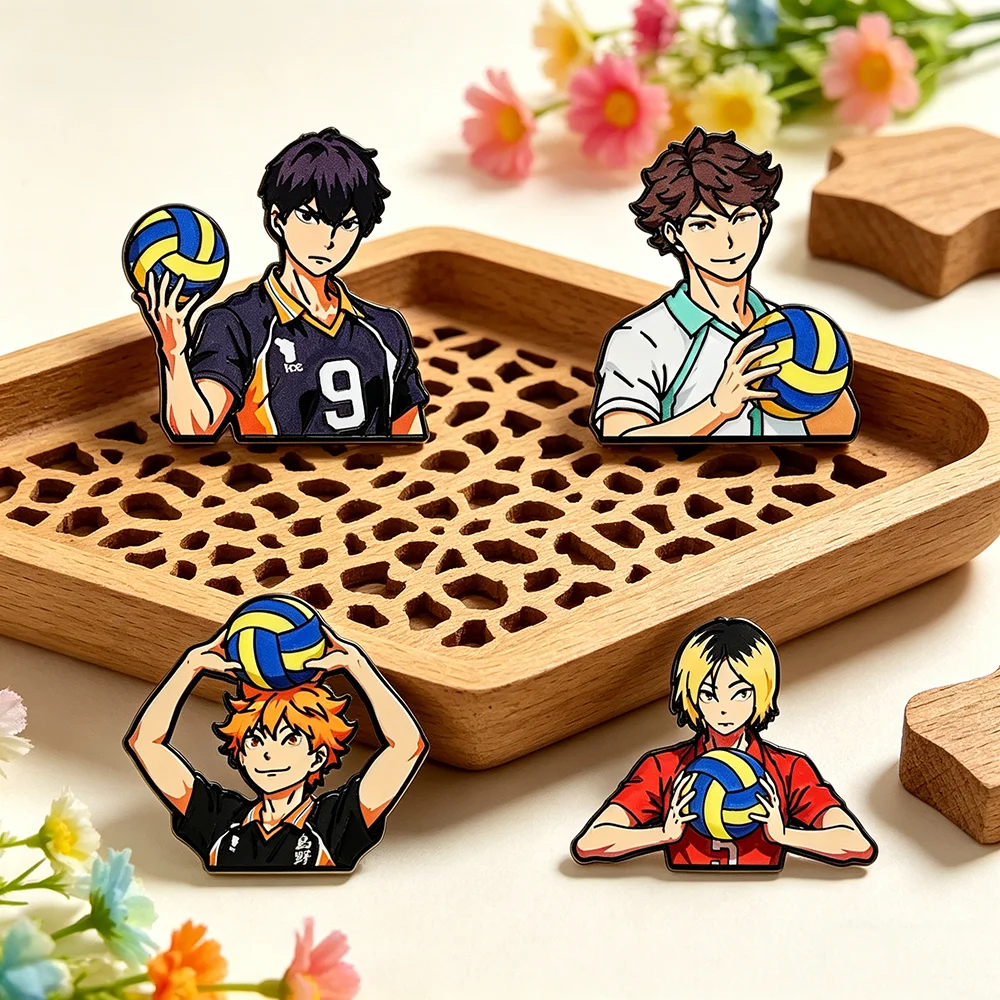 4pcs Anime Volleyball Boys Enamel Pins Set Chibi Tobio Kageyama Shoyo Hinata Sports Brooches for Backpacks Fans Gifts