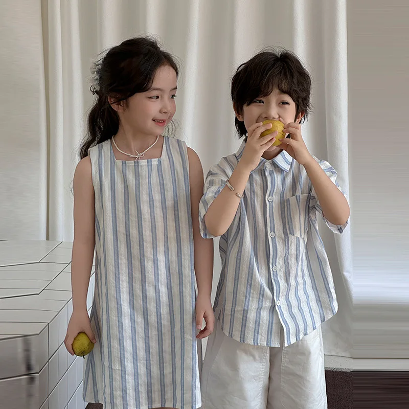 Korean Boys and Girls Parent-child Clothing Summer Striped Vest Dress Brother and Sister Shirts Trend
