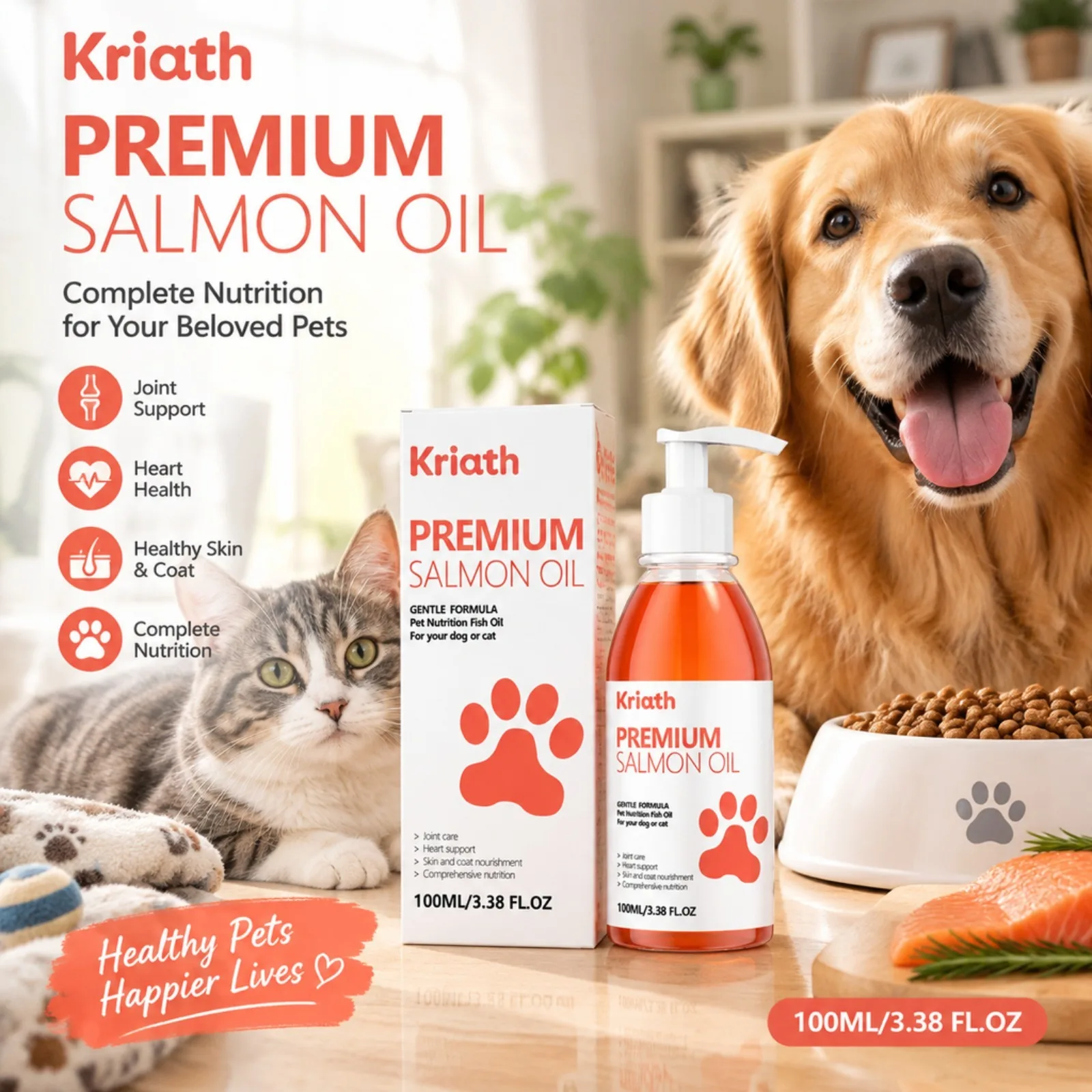 Salmon Oil For Dogs And Cats Omega-3 Fish Oil Supplement With Joint Support Heart Health Skin And Coat Care Pet Nutrition Liquid