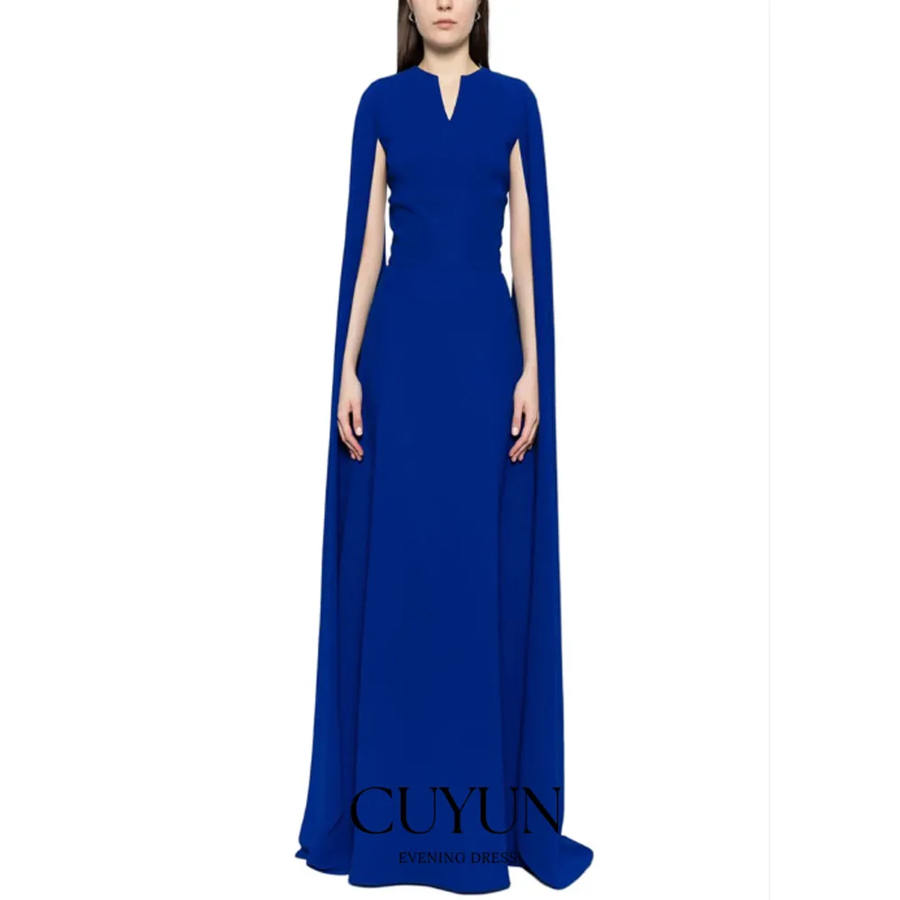 فساتين سهرة من CUYUN باللون الأزرق الملكي بأكمام كيب على شكل حرف v للنساء فساتين مناسبات رسمية مخصصة على شكل حرف A فستان زفاف للضيوف فستان حفلات