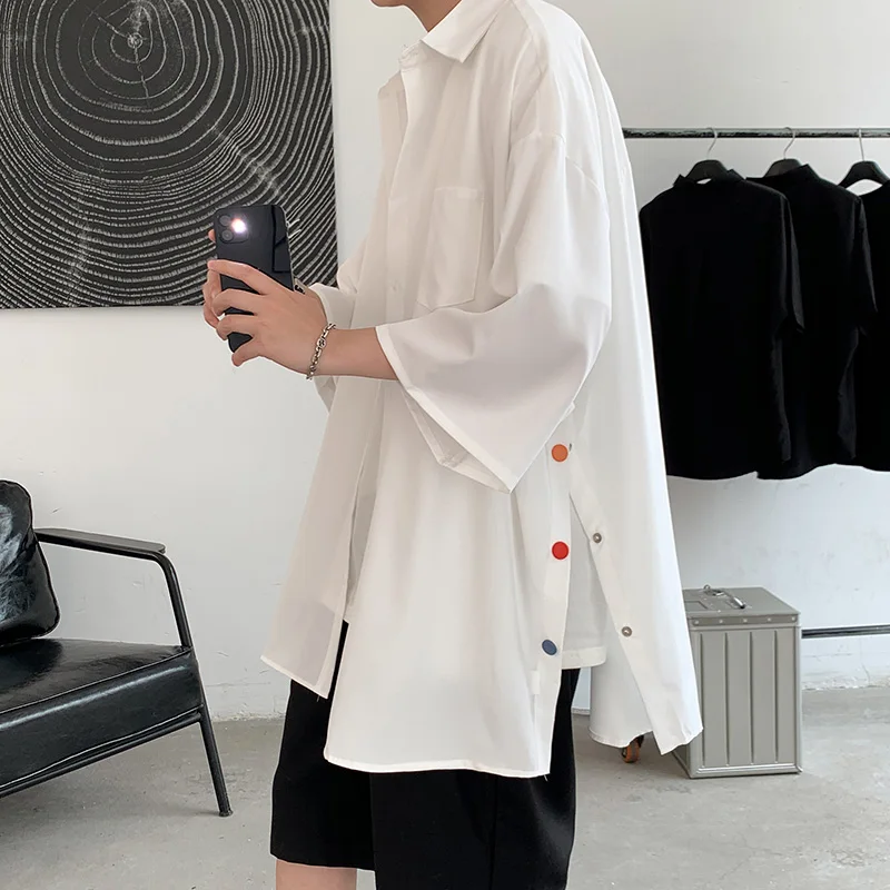 

Summer Loose Fit Short Sleeve Button up Harajuku Style Men's Shirt Trendy Casual Shirt Youthful Pure Color No Iron Treatment