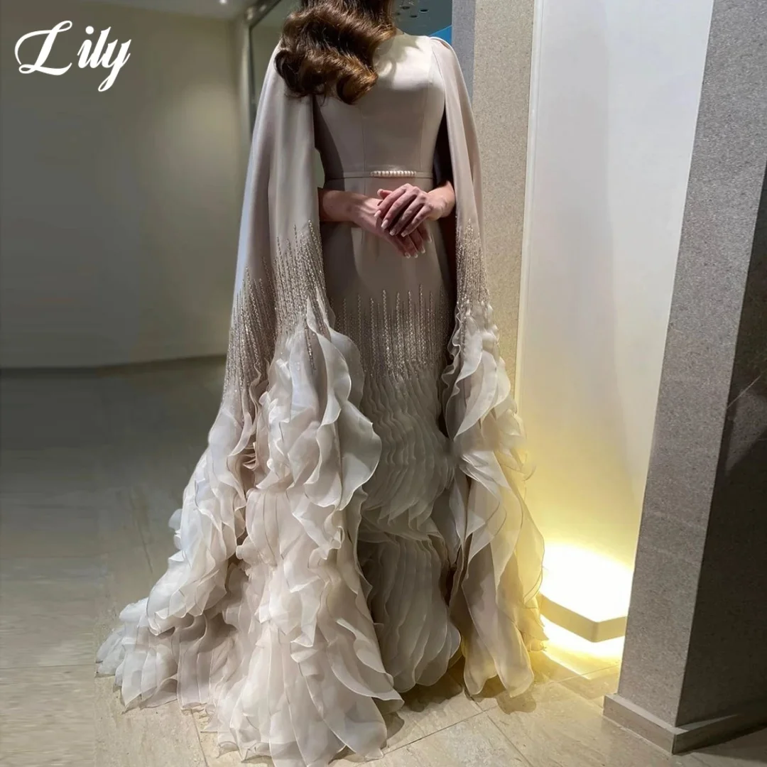 

Lily Beige Cape Sleeve Evening Dresses Beaded Embellished Tiered Ruffle Hem Formal Prom Dress With Pearl Waistband Customized
