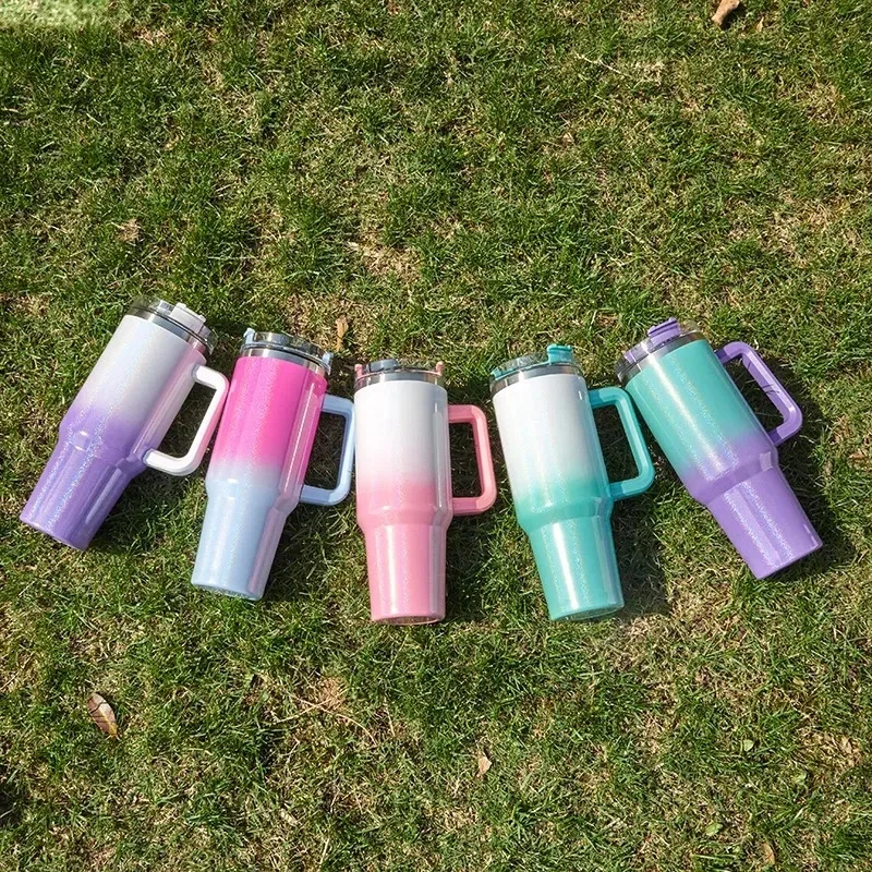 

40oz Stainless Steel Car Thermos Bottle With Straw Keeps Cold And Heat Water Bottle With Handle Fashion Gradual Rainbow Cup Gift