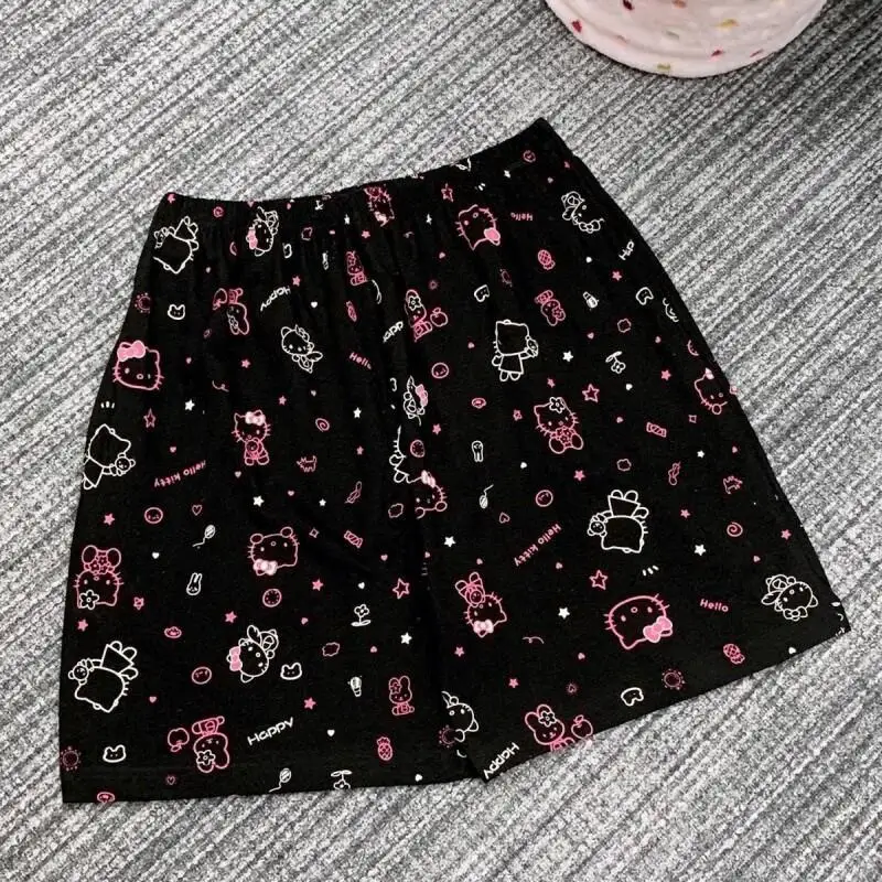 

Пижамные шорты Sanrio Hello Kitty из хлопка для женщин: для прогулок на свежем воздухе, повседневной носки, дома и отдыха. Милые, с мультяшным принтом, черные, летние, модные.