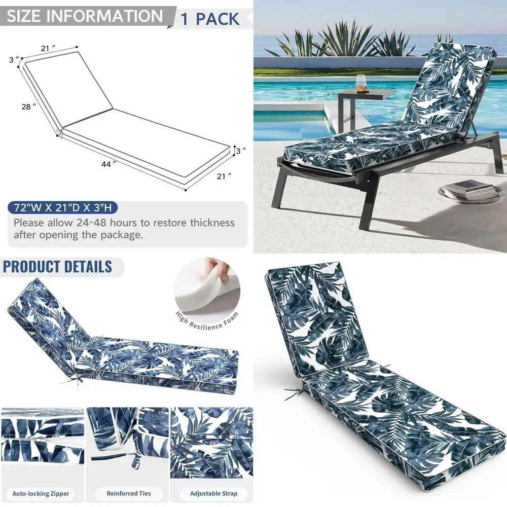 

Patio Chaise Lounge Cushion, 72x21x3, Water-Resistant, Palm Blue, 1 Pack for Outdoor Pool Furniture