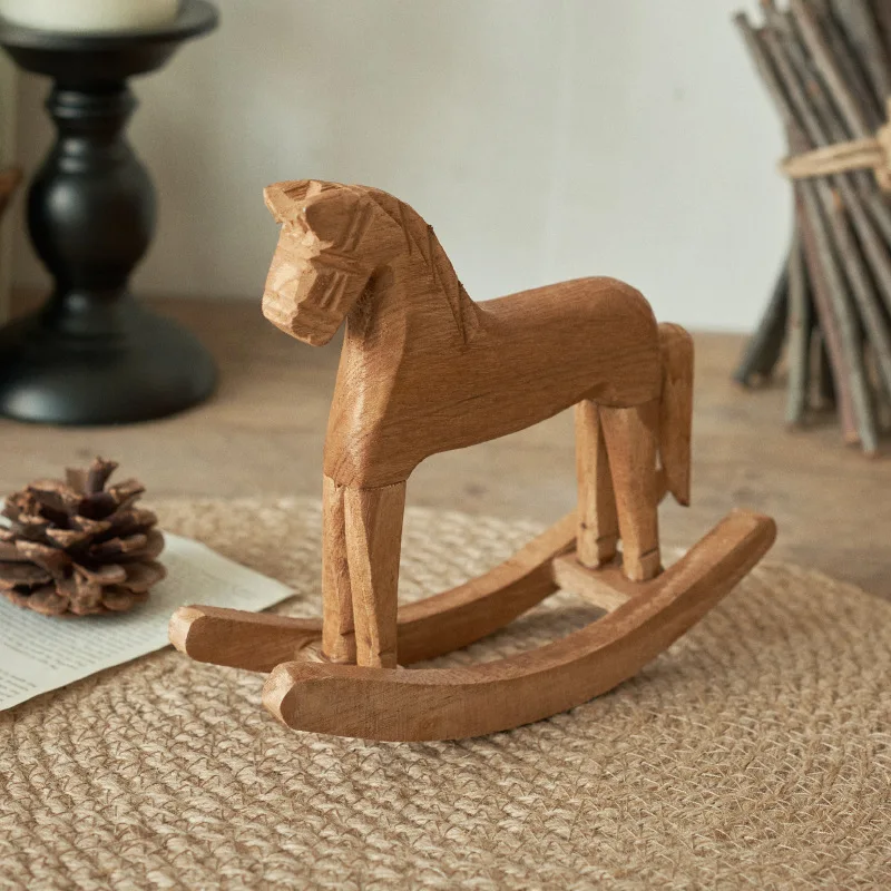 Nordic Style Rocking Horse Wooden Desktop Ornament Pinewood Decorative Rocking Horse Craft for Home Decor Success Blessing Gift