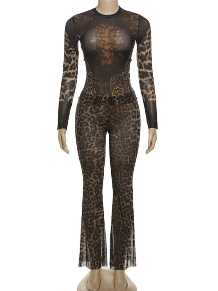 

Leopard Print 2 Piece Set Women 2025 Spring Hipster Sexy Full Sleeve Tops And Pants Matching Coquette Midnight Party Club Outfit